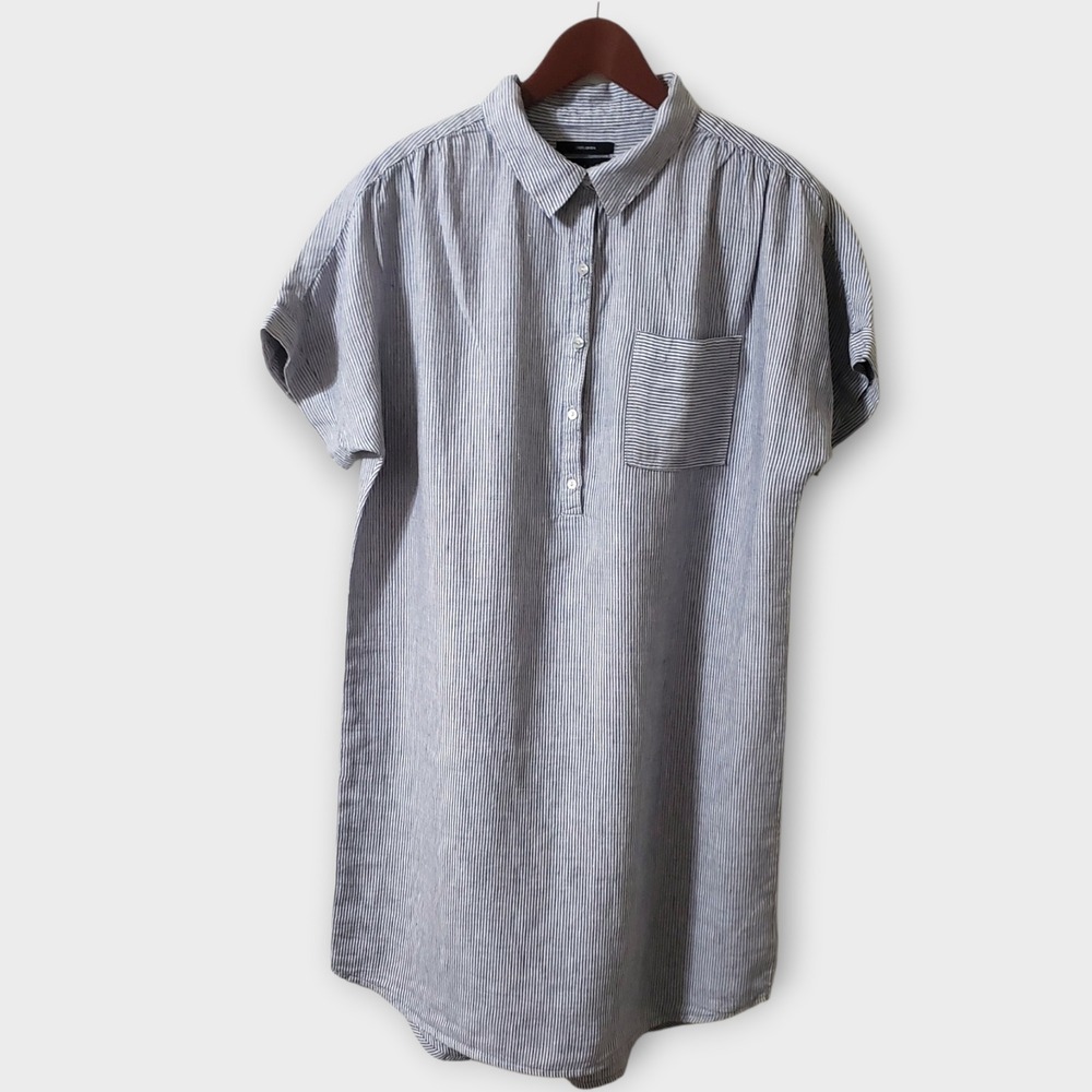 Tahari 100% Linen Pinstripe Shirt Dress Blue White Dolman Sleeve Womens Large